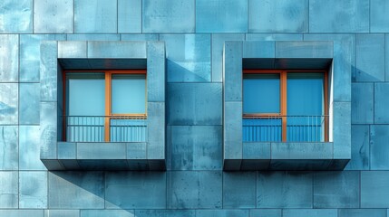 The image is of two plastic windows on a fragment of an unrecognizable industrial, commercial or residential building. The facade is made from colored aluminum tiles with two large windows on each