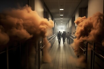Office workers walk down a corridor filled with thick clouds of smoke. Fire in an office building