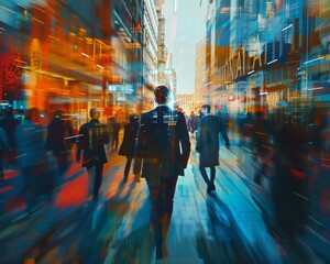 A businessman walking down a busy street with motion blur.