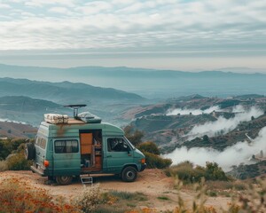 "A camper van is parked on a mountaintop overlooking a valley filled with fog."