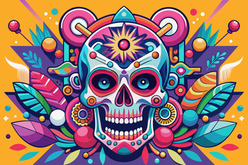 illustration  street art mural depicting a vibrant sugar skull with contemporary elements.