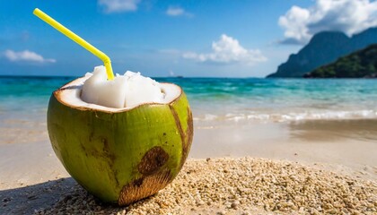 brown coconut by the beach open with fresh coconut water to cool down in the heat