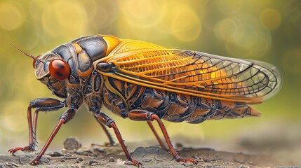 A close up of a large cicada with orange and black markings, AI