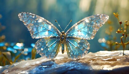 large stunningly beautiful fairy wings fantasy crystal glass glitter butterfly sits on a light blue...