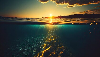 design template with underwater part and sunset skylight splitted by waterline - obrazy, fototapety, plakaty