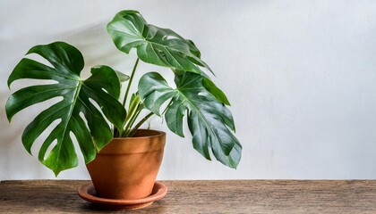 monstera plant in a ceramic pot in front of a white house wall or white background tropical house plant interior design concept