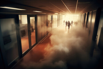 People walk through the smoke-filled corridor of a public building to escape the fire