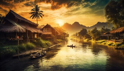 painting style illustration of beautiful nature landscape of rural countryside of southeast asian village at riverside at sunset time generative ai - obrazy, fototapety, plakaty