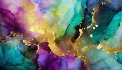 abstract alcohol ink painting texture in colorful tones with golden splashes