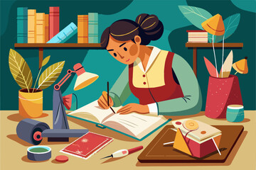 bookbinder sewing together the pages  handcrafted journal, with needle and binding the pages