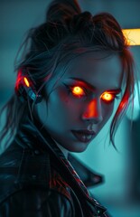 Futuristic Woman with Glowing Red Eyes in Neon Light