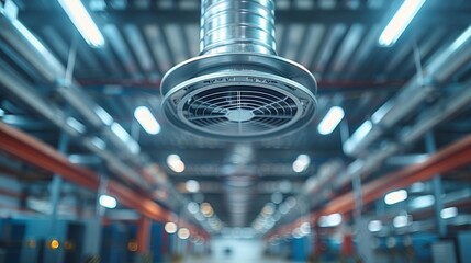 A round anemostat mounted on a galvanized air duct provides ceiling communication in an industrial building or warehouse. Ceiling air diffusers provide ceiling communication.