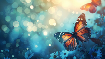 background with border of butterlies against blue and golden bokeh for text