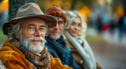 Fototapeta premium Portrait of a mature man with glasses, beard and hat looking directly at the camera accompanied by friends
