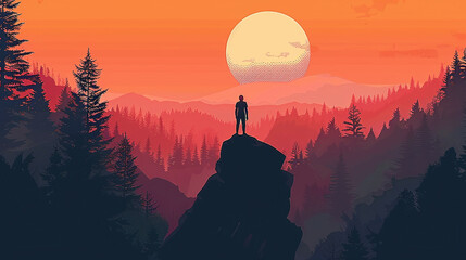 illustration silhouette of a person at mountains on a rock