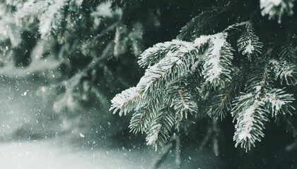 winter abstract minimal background with fir tree branches covered with snow and copy space