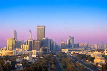 UAE, United Arab Emirates, Abu Dhabi downtown panorama and financial center skyline.