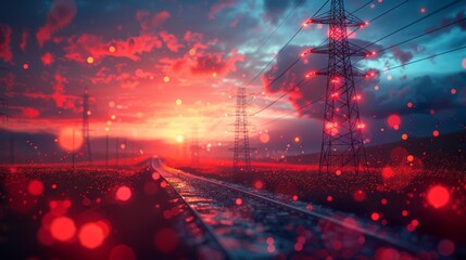 Graphs depicting high-voltage power lines on a cyberspace background. Text and graphics space for text and design. Industry background on energy.