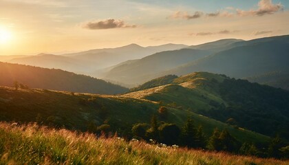 carpathian mountain range in summer at sunset landscape with forested hills and grassy meadows rolling down in to the valley in evening light travel ukraine - obrazy, fototapety, plakaty