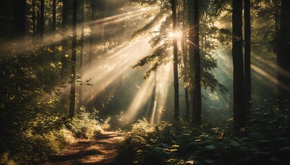 enchanting moody panorama with sunrays illuminating the fog in the woods a cinematic fairytale scenery