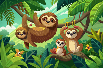 Naklejka premium A family of sloths hangs upside down from a lush green rainforest canopy.