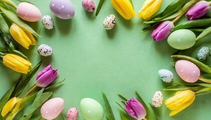 green easter background with springtime flowers and easter eggs top view frame