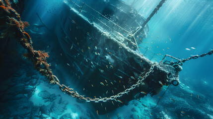 A large shipwreck with lots of fish. blue water and thick chain around the bow is underwater  - obrazy, fototapety, plakaty