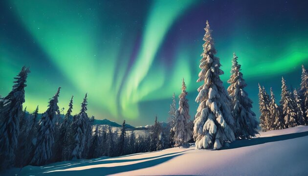 amazing winter landscape winter scenery with snow capped pine trees and aurora borealis northern lights night nature landscape with polar lights creative image natural background