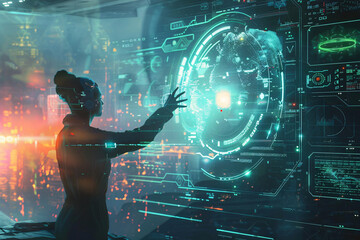 A futuristic scene showing a person interacting with advanced holographic displays full of data and maps, illuminated by vibrant background lights.