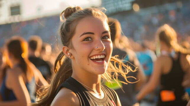 A laughing young lady with a ponytail is located in the nucleus of a large stadium. guiding a Zumba class to a crowd of people. 