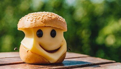 a tiny loaf of of bread made of cheese standing on top of a wooden table smiling joyful and...