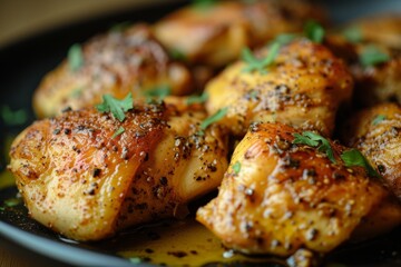 Delicious grilled chicken thighs garnished with herbs on a plate - obrazy, fototapety, plakaty