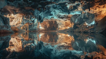 Mystical underground cave with reflective water