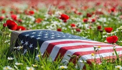 3d rendering of american flag laying on grave at the peaceful flower meadow to remember the memorial day