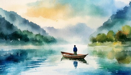 watercolor painting of a foggy lake with a lonely man in a boat