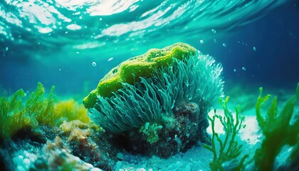 underwater sea sponge splash of green and blue seaweed mesmerizing tranquil wallpaper background ocean meets land