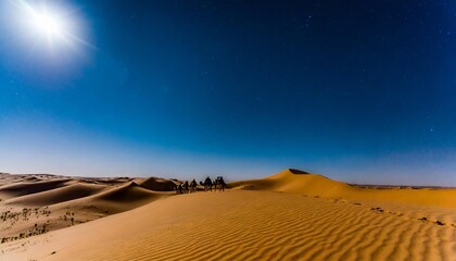 moonlit night in the sahara desert with endless sand dune camel caravan copy space 16 9