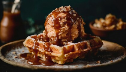 irresistible waffle delight ice cream caramel drizzle dessert photography ai generated