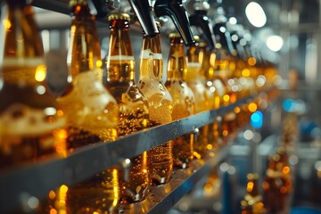 Fototapeta na wymiar Beer being filled into bottles at a brewery. Concept Brewery Process, Beer Bottling, Craft Beer Production
