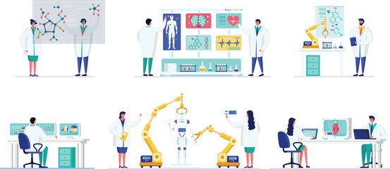 Scientists presenting molecular structures, researchers analyzing medical data, laboratory work. Engineers operating robotics artificial intelligence modern technology setting. Medical professionals
