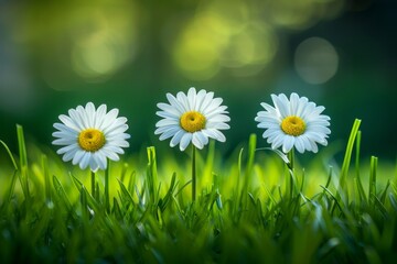 Three daisies standing tall in lush green grass - obrazy, fototapety, plakaty