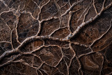 Intricate network of tree roots on cracked earth