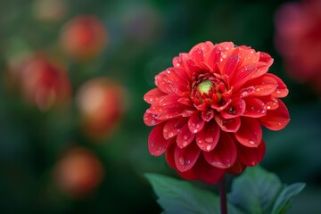 Vibrant Red Dahlia with Morning Dew