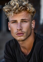 Fototapeta premium Portrait of a young man with curly blonde hair and piercing eyes