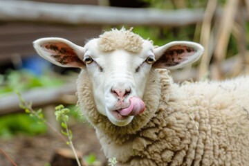 Sheep licking its nose in a farm setting