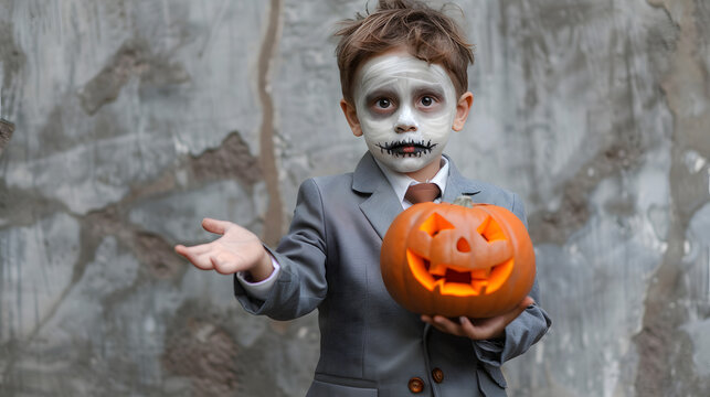 A little boy dressed in a gray suit. wearing zombie makeup on his face and holding out an orange pumpkin with a carved smiley face 