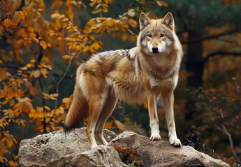 Fototapeta premium Majestic wolf standing on a rock in autumn forest