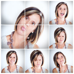 Woman, portrait and collage with funny faces, expressions or mood of personality on montage. Young...