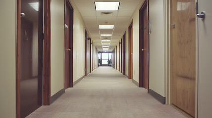 A long hallway in an office building with doors on each side. leading to various rooms. The hall is welllit and has carpeted floor