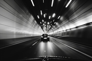 A black and white photo of a car driving through a tunnel, with a fast shutter speed creating motion blur